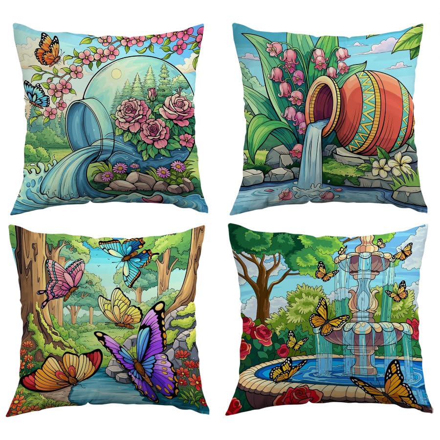 Housse coussin 60x60 paysage printemps en coton lin lavable pour canapé et salon