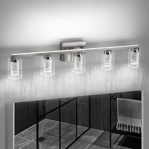 Luces de tocador de baño de 5 luces, modernas lámparas de baño de níquel cepillado de cristal para montaje en pared, regulables blanconeutrocálido