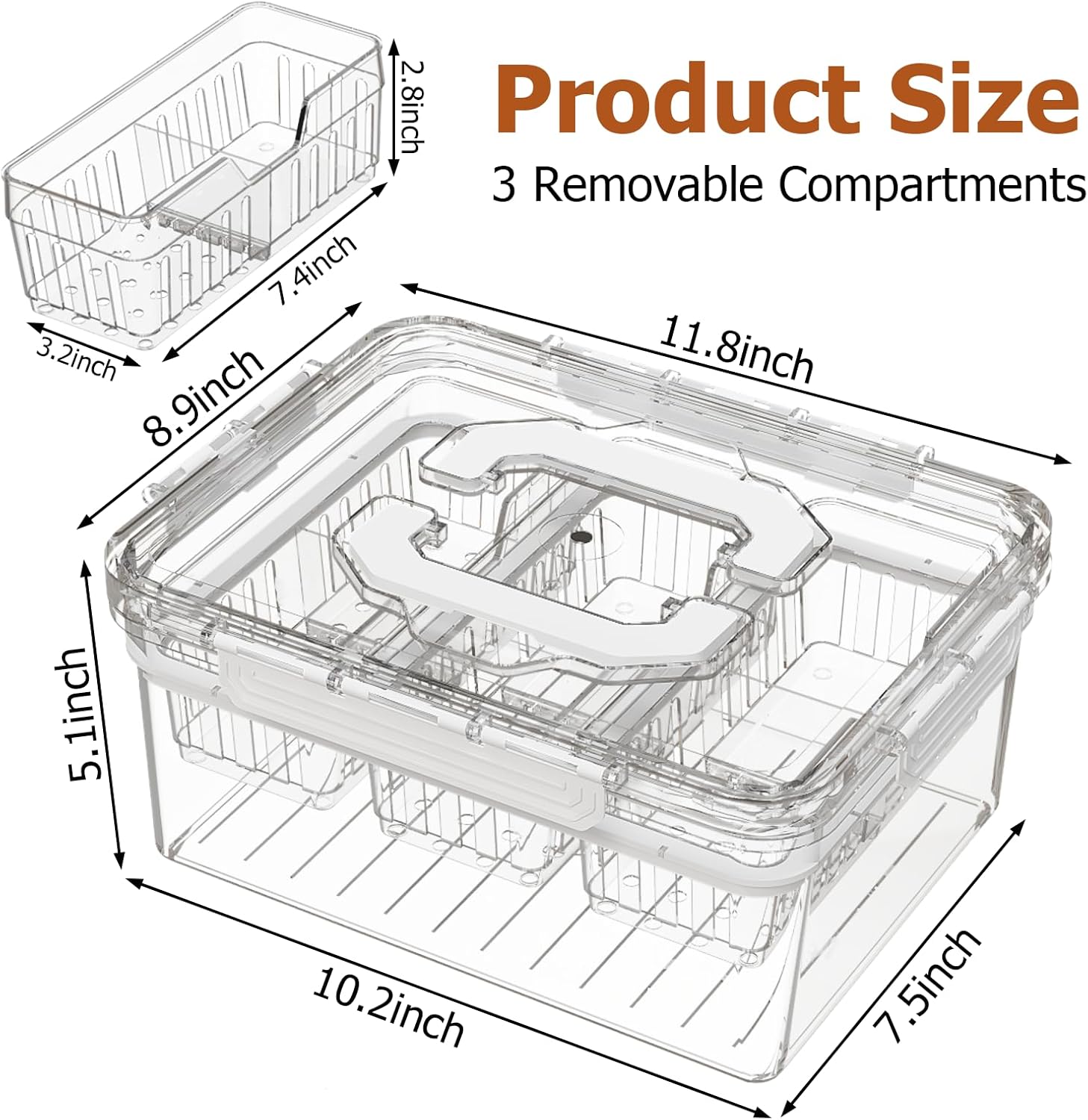 Sorgion Ice Chilled Condiment Caddy with Portable Handle, 3 Compartment Serving Tray with Ice Chamber, Clear Garnish Tray for Bar, Taco Party, BBQ, Picnic & Fruit White 3 containers White