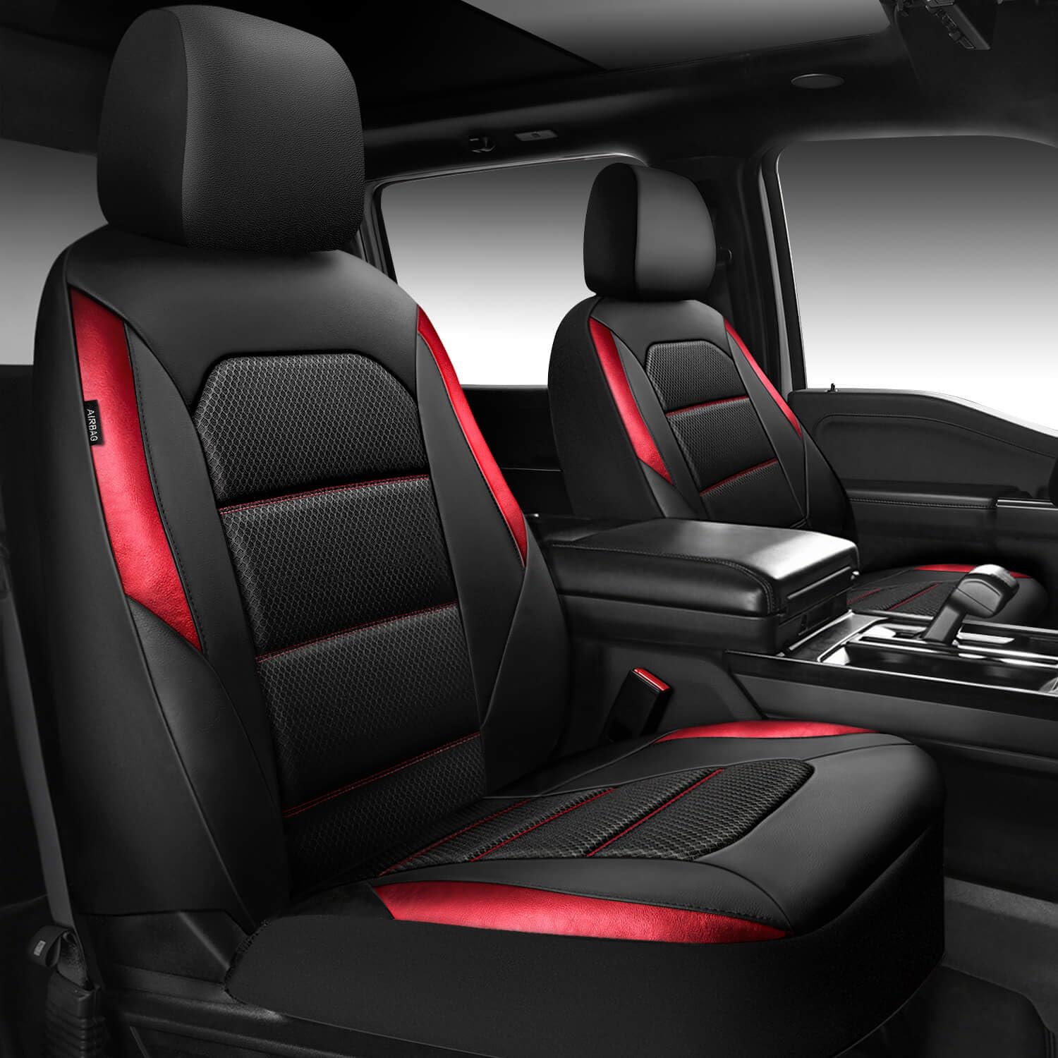 CAR PASS Memory Foam Leather Seat Covers,Air Cool Mesh Thick Car Seat Covers Front Seats Red Leather Seat Covers for Cars Universal for SUVs Trucks,Airbag Compatible Comfort Durable,Black Red Metal