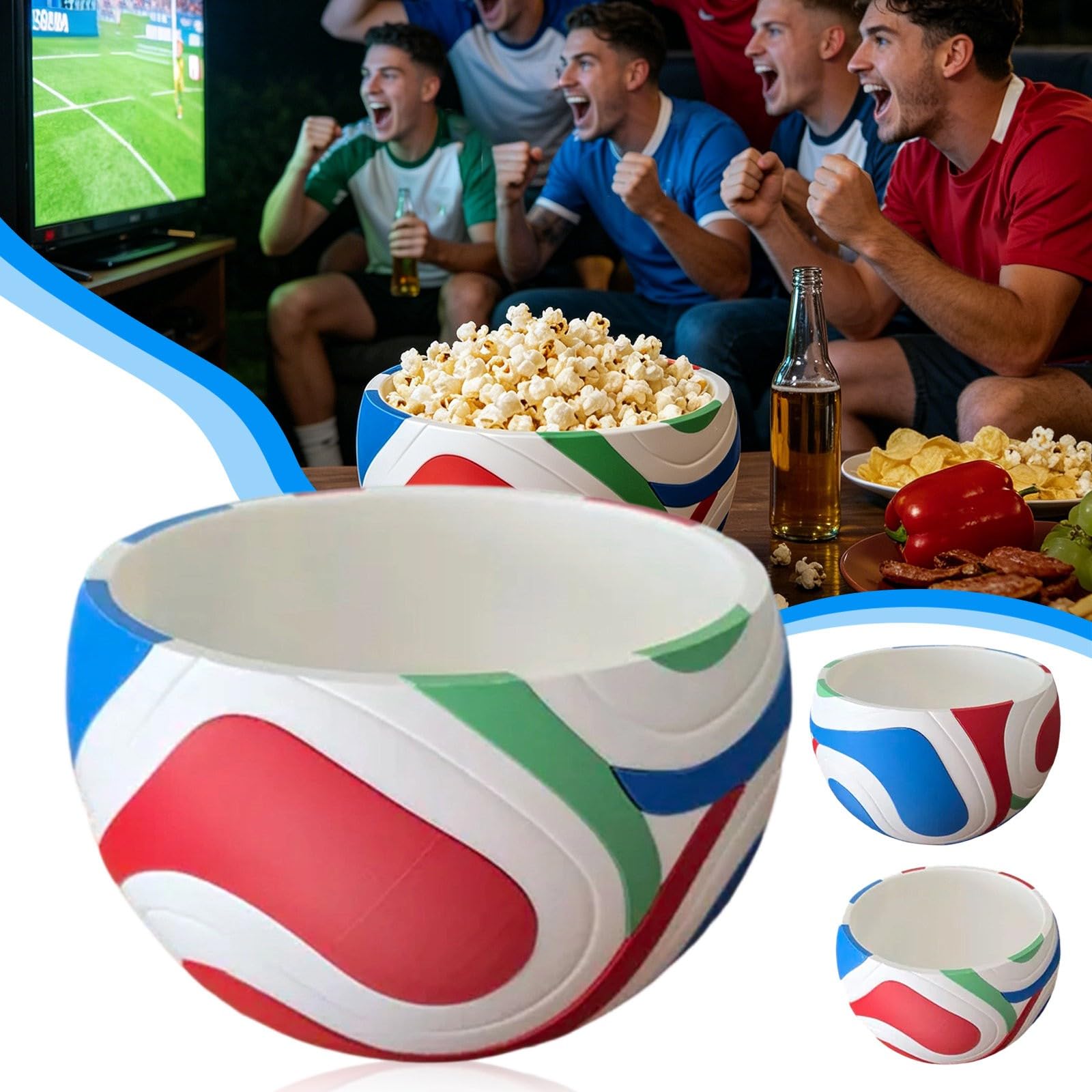Ciotola per snack in plastica riutilizzabile a forma di calcio per popcorn per feste ed eventi sportivi per servire patatine fritte, noci, snack, regalo per gli appassionati di calcio