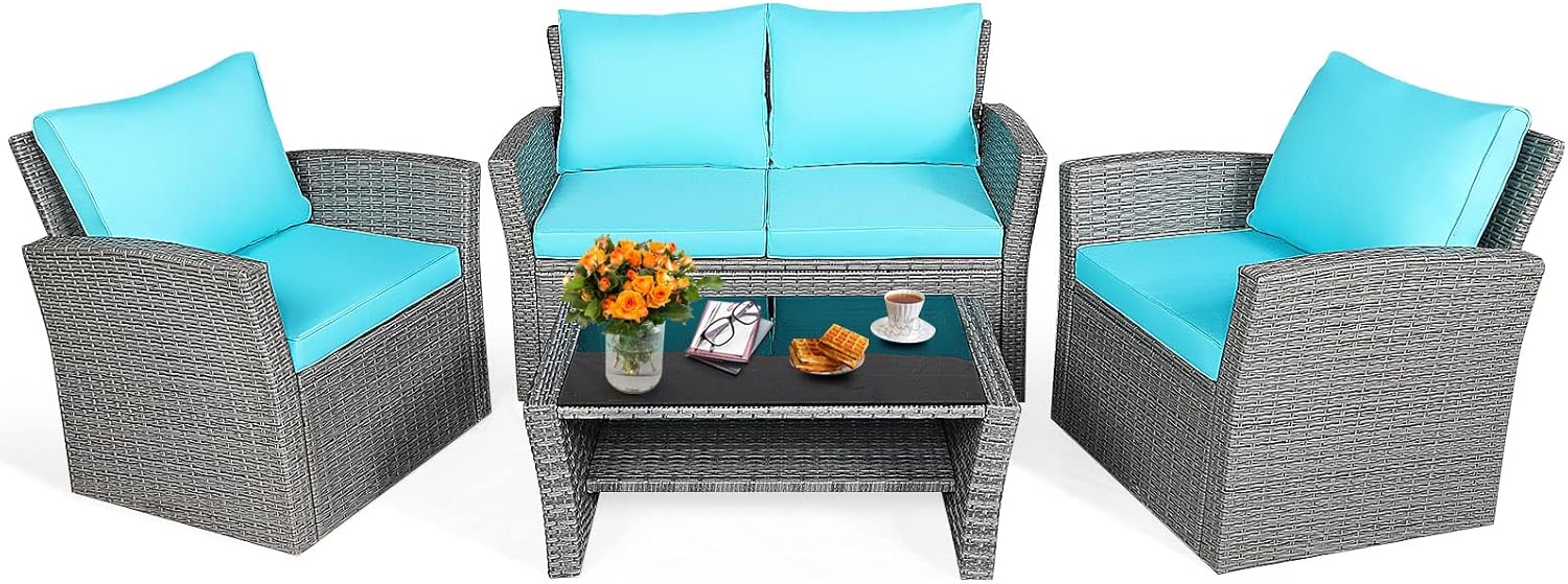 Tangkula 4 Pieces Patio Furniture Set, All Weather Outdoor Sectional Rattan Sofa Set with Cushions & Tempered Glass Table, Wicker Conversation Couch Set for Backyard Garden Poolside (Turquoise)