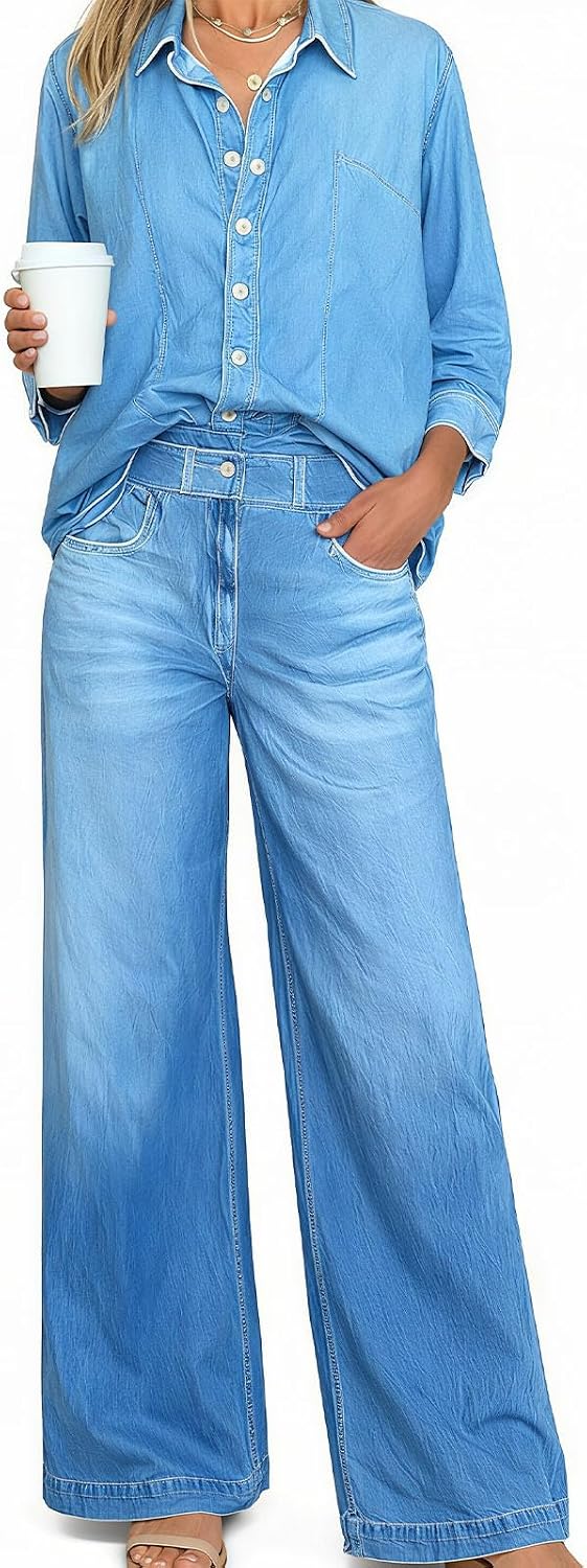 Women Denim Dreams Pajama Set, Soft Stretch, Relaxed Wide-Leg Pants & Cozy Button-Down Top Enjoy a Wonderful Evening