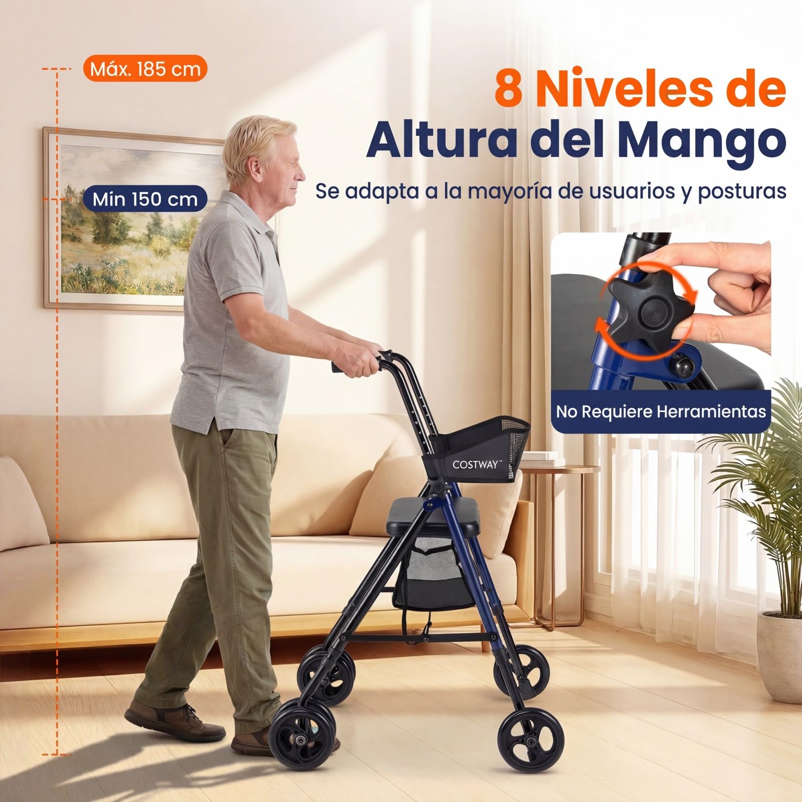 COSTWAY Andador para Ancianos Plegable, Andadores Adultos con Asiento, Asas Ajustables de 8 Niveles, Respaldo de Malla y Bolsa de Almacenamiento, Caminadores para Mayores con 4 Ruedas y Mangos