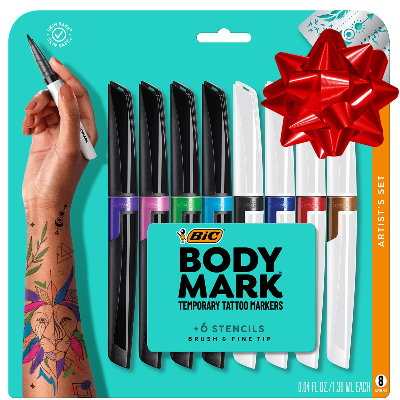 BIC BodyMark Temporary Tattoo Marker Set with Vibrant Colors and Mixed Tips, 8-Count Pack in Assorted Ink