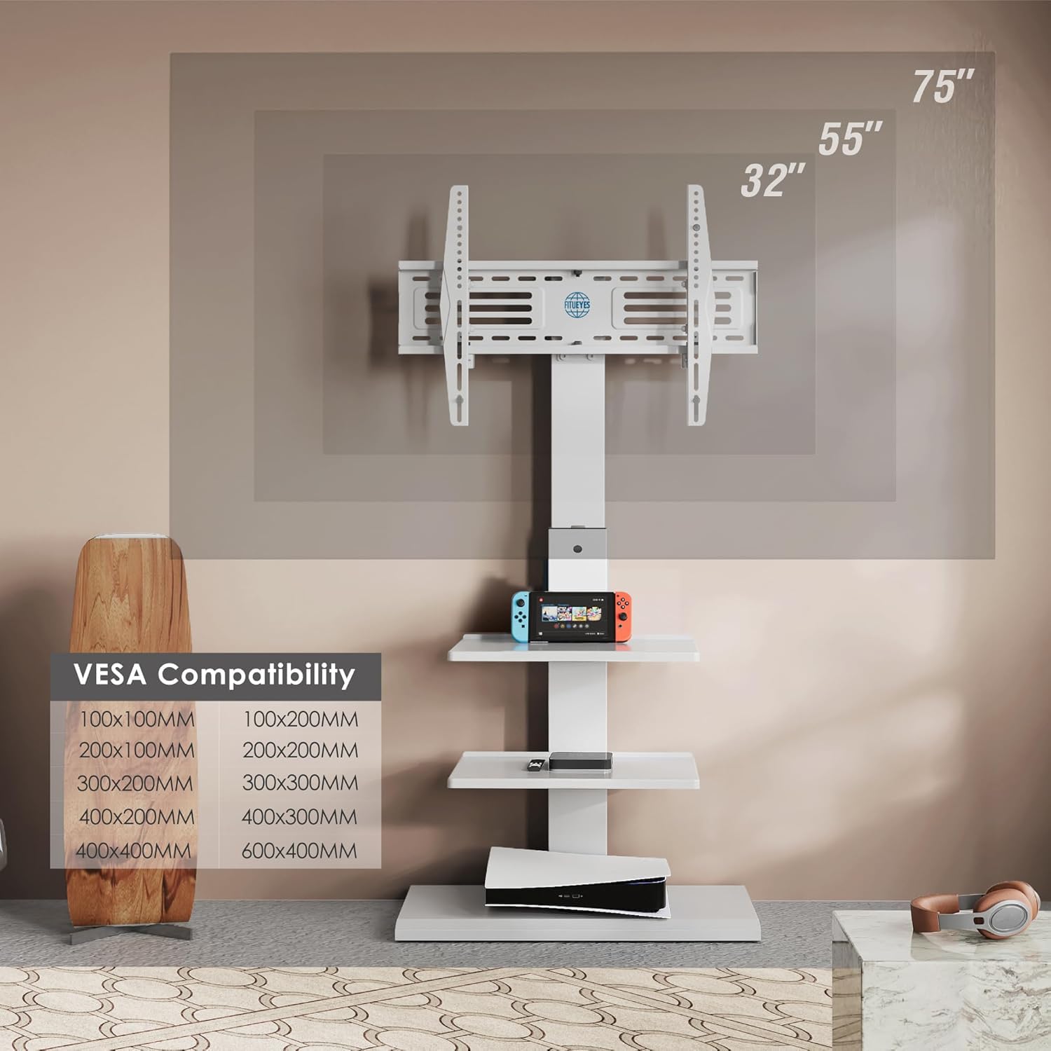 FITUEYES Supporto TV da Terra per 32-75 Pollici, Supporto TV da Pavimento con 3 Ripiani, Inclinabile Girevole Altezza Regolabile Max VESA 600x400mm