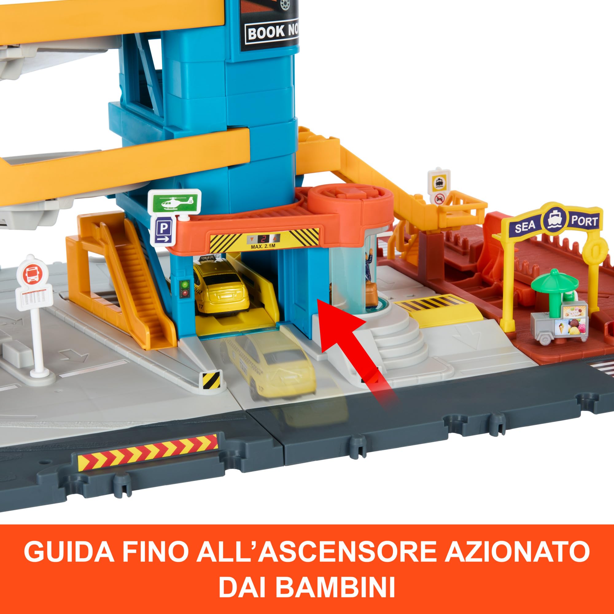 Matchbox - Centro Trasporti, playset con 5 piani di gioco, ascensore e cancelli, include un mini chiosco e tre veicoli, barca, elicottero e taxi, giocattolo per bambini, 3+ anni, HXL47