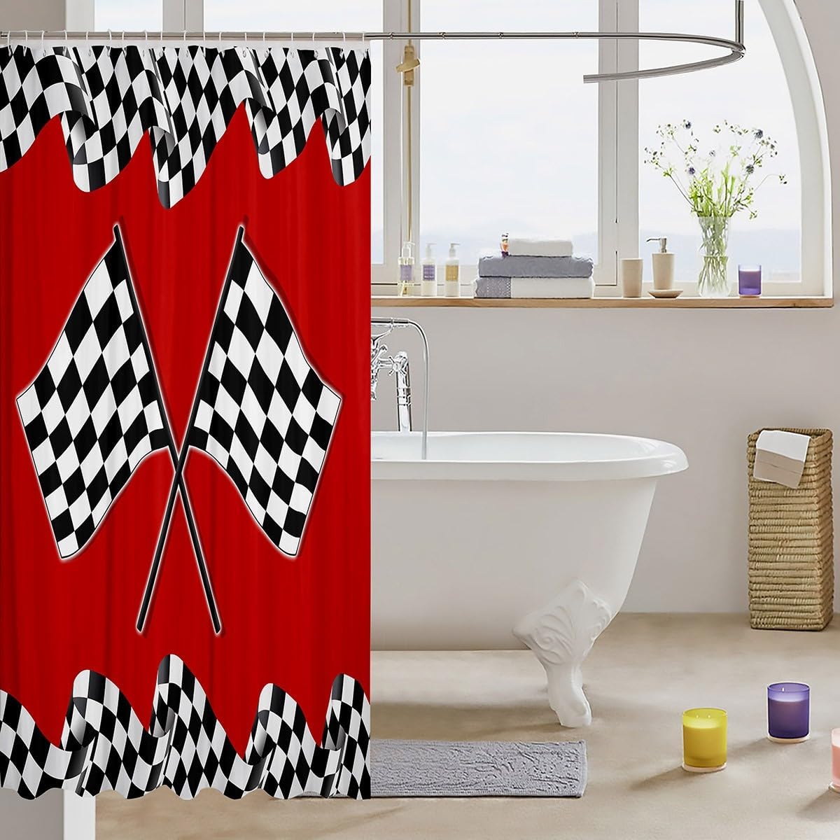 Castle Fairy Racing Car Flag Shower Curtain Waterproof Fabric,Race Car Extreme Sports Themed Bath Curtain,Black White Checkered Plaid Hanging Curtain with Hooks for Bathtubs Bathroom, 72Wx78L inch