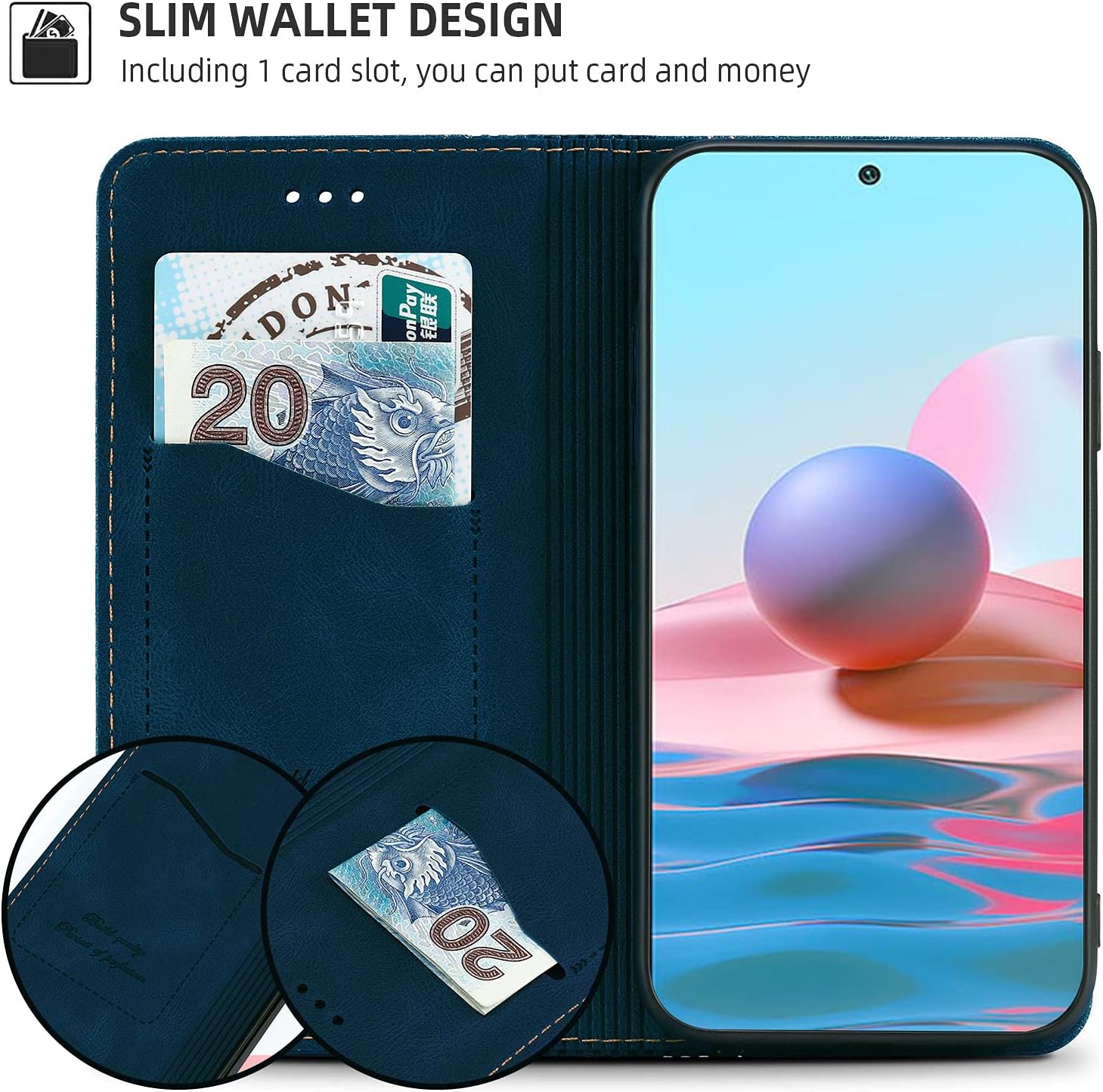 AKABEILA Case for Xiaomi Redmi Note 10 4G PU Leather Flip Wallet Case with Magnetic Closure Kickstand Card Slots Folio Phone Case Cover Shockproof Blue - Image 5