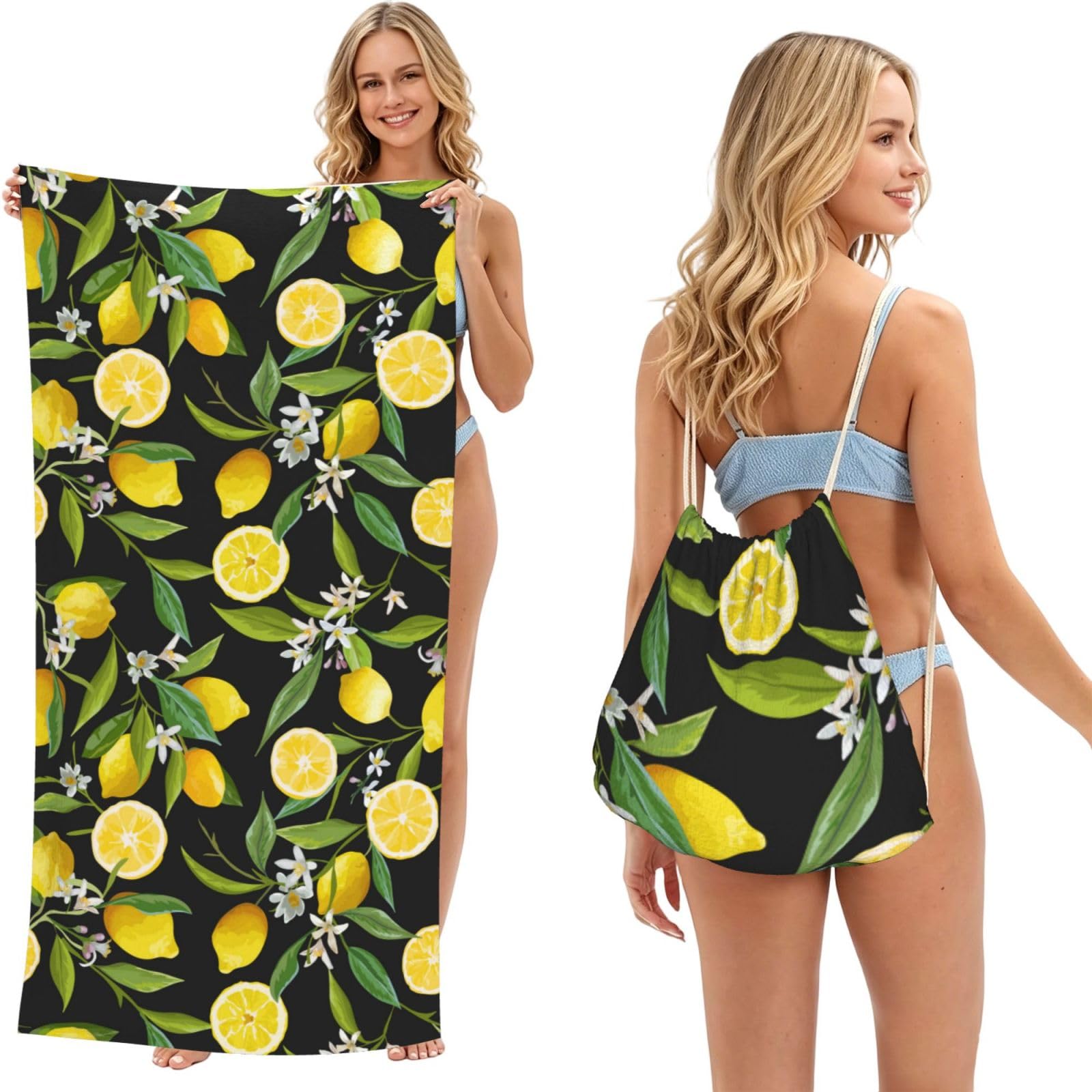 Poadnly Fruit Lemon Pattern, 2 in 1 Packable Towel Bag, Beach Towels with Drawstring Backpack for Travel Holiday Camping