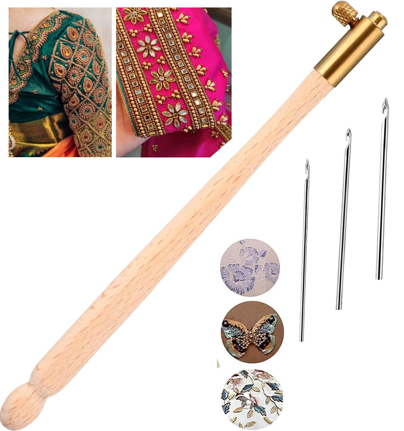 Jasol Embroidery Crochet Hooks with 3 Needles, Tambour Needle, French Crochet Embroidery Beading Tool Set, Embroidery Beading Needle Tools Sequin Beads Aari Needles (Brown Colour)