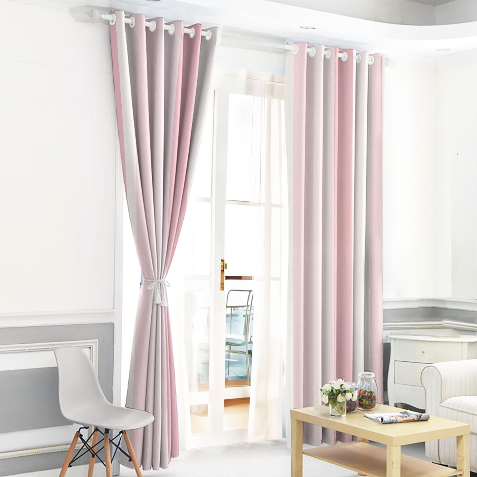 Rideau Occultant Thermiques Anti Froid Jolies Rayures Imprimé 117Lx183H Cm Rideaux Opaques pour Salon Chambre, Géométrie Simple Design avec Oeillet Poudre Blush Lot De 2 De Cuisine
