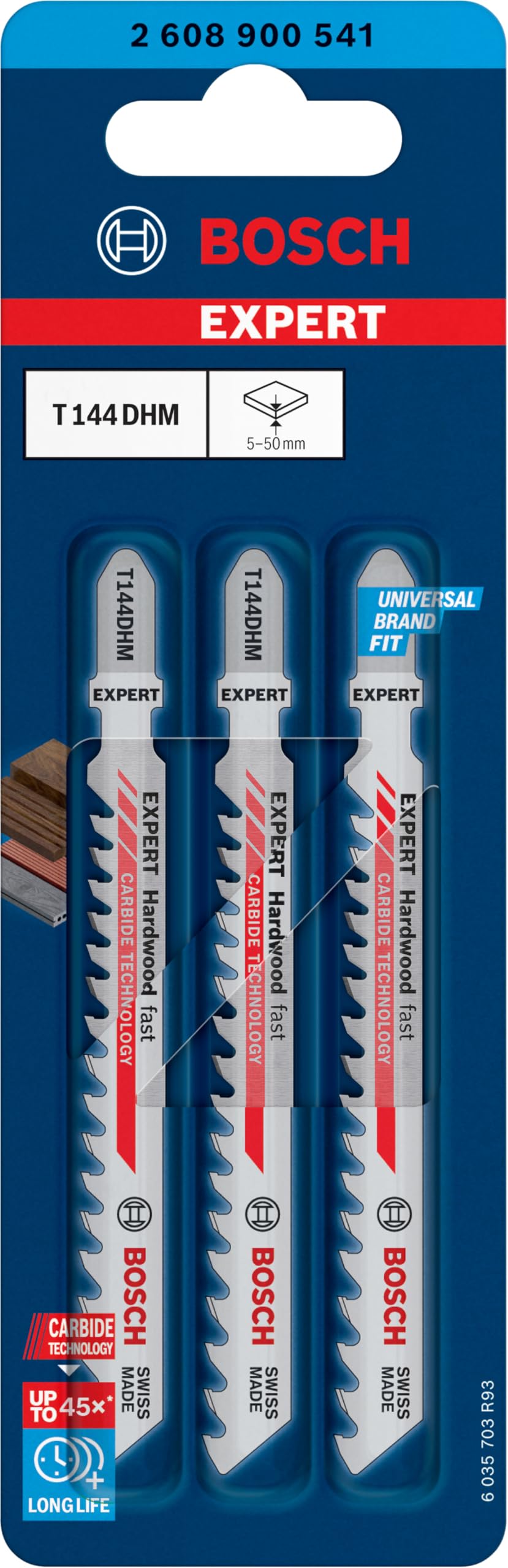 Bosch 3x Brzeszczot do wyrzynarki EXPERT Hardwood fast T144DHM (do Twarde drewno, Plastikowe drewno WPC, Długość 100 mm, Professional Akcesoria Wyrzynarka)