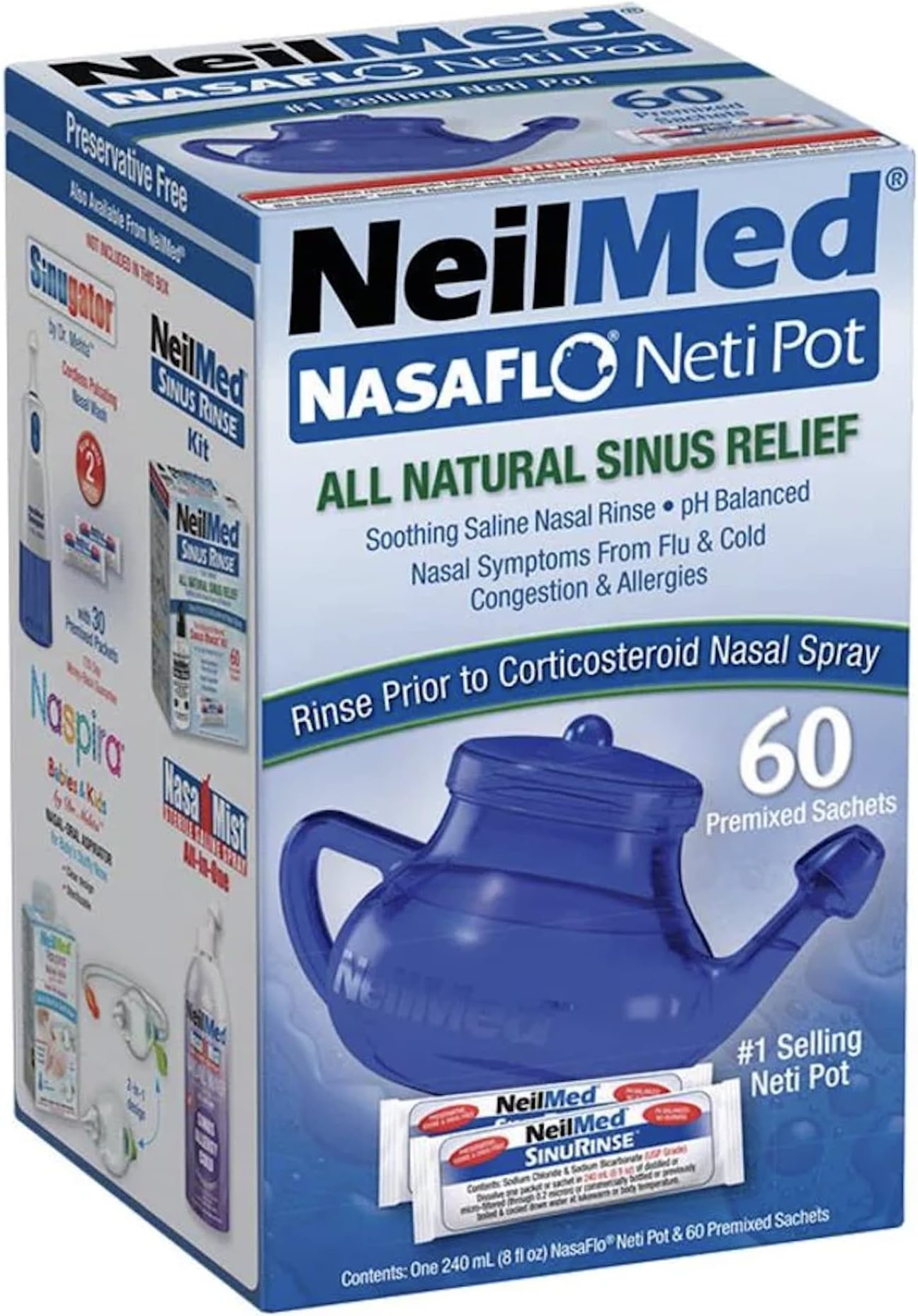 NasaFlo Unbreakable Neti Pot with 50 Premixed Packets
