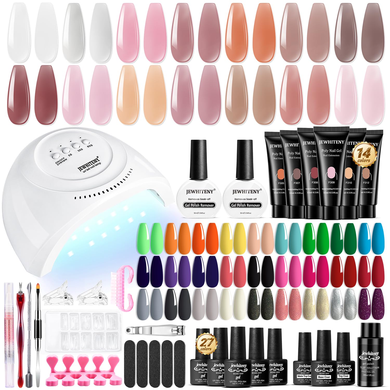 JEWHITENY 27 Colors Nail Polish Kit 14 Colors Poly Nail Kit 2 Gel Nail Remover