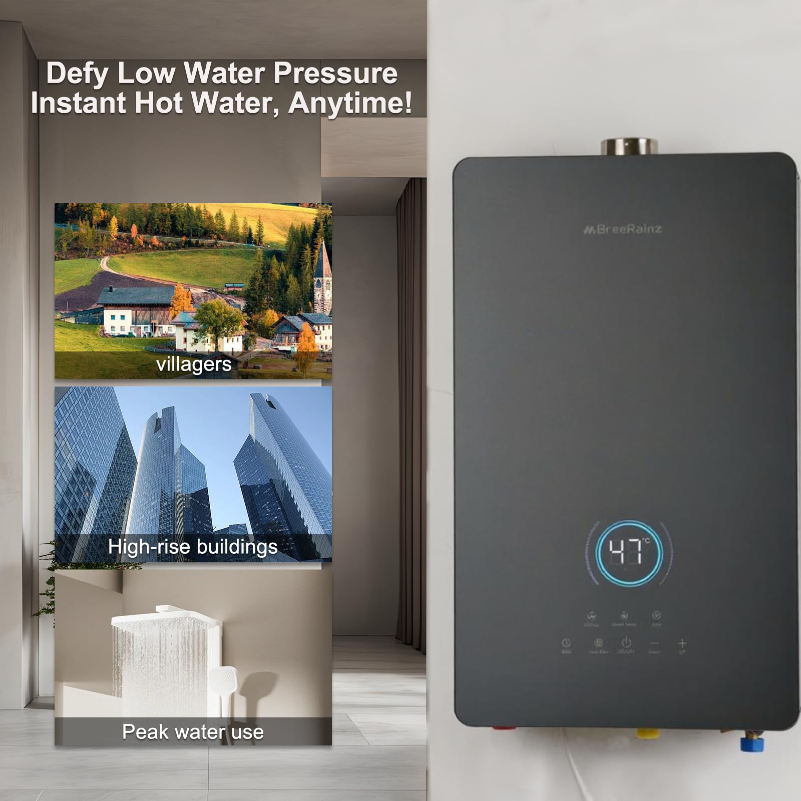 BreeRainz 16 LPM Calentador de Agua Gas,32 kW Calentador de Agua Butano Propano con 5 Modos, Botones de Pantalla Táctil LED, Toma de 220 V, Funcionamiento con Butano y Propano