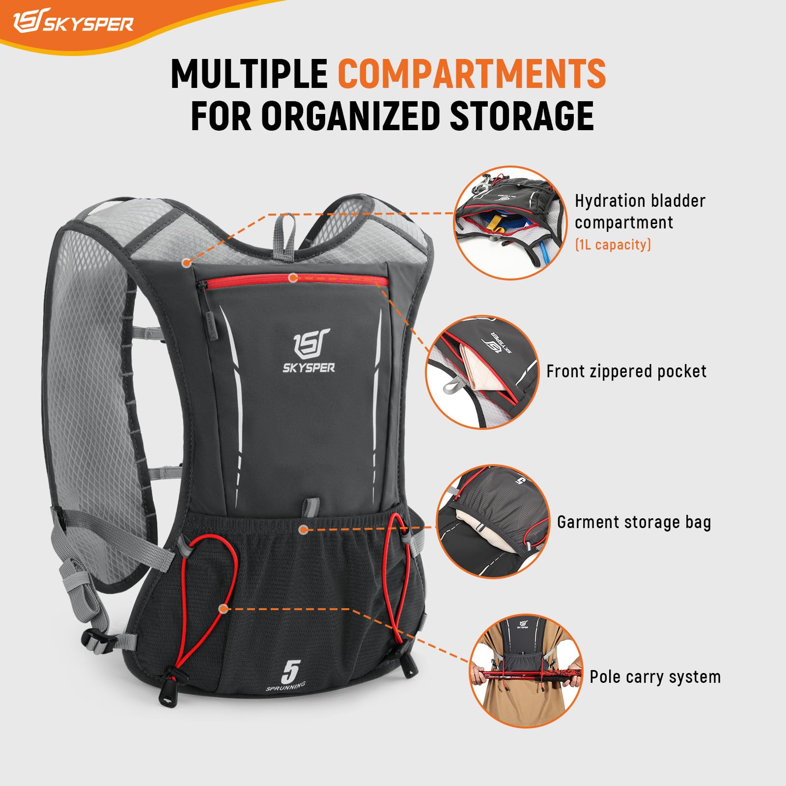 SKYSPER Gilet Hydratation Running 5L, Sac Trail avec Bouteille Souple 500ml pour Course à Pied Marathon Trail Randonnée Femme Homme