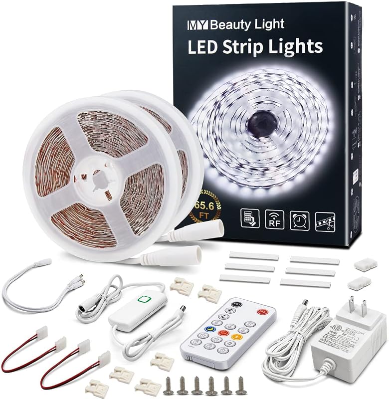MY BEAUTY LIGHT Tira de luces LED blanca, tira de luz LED regulable de 65.6 pies con control remoto RF, 1200 LED brillantes 6500K 2835, luces de cuerda adhesivas enchufables con modo de sincronización para sala de estar, dormitorio, cocina