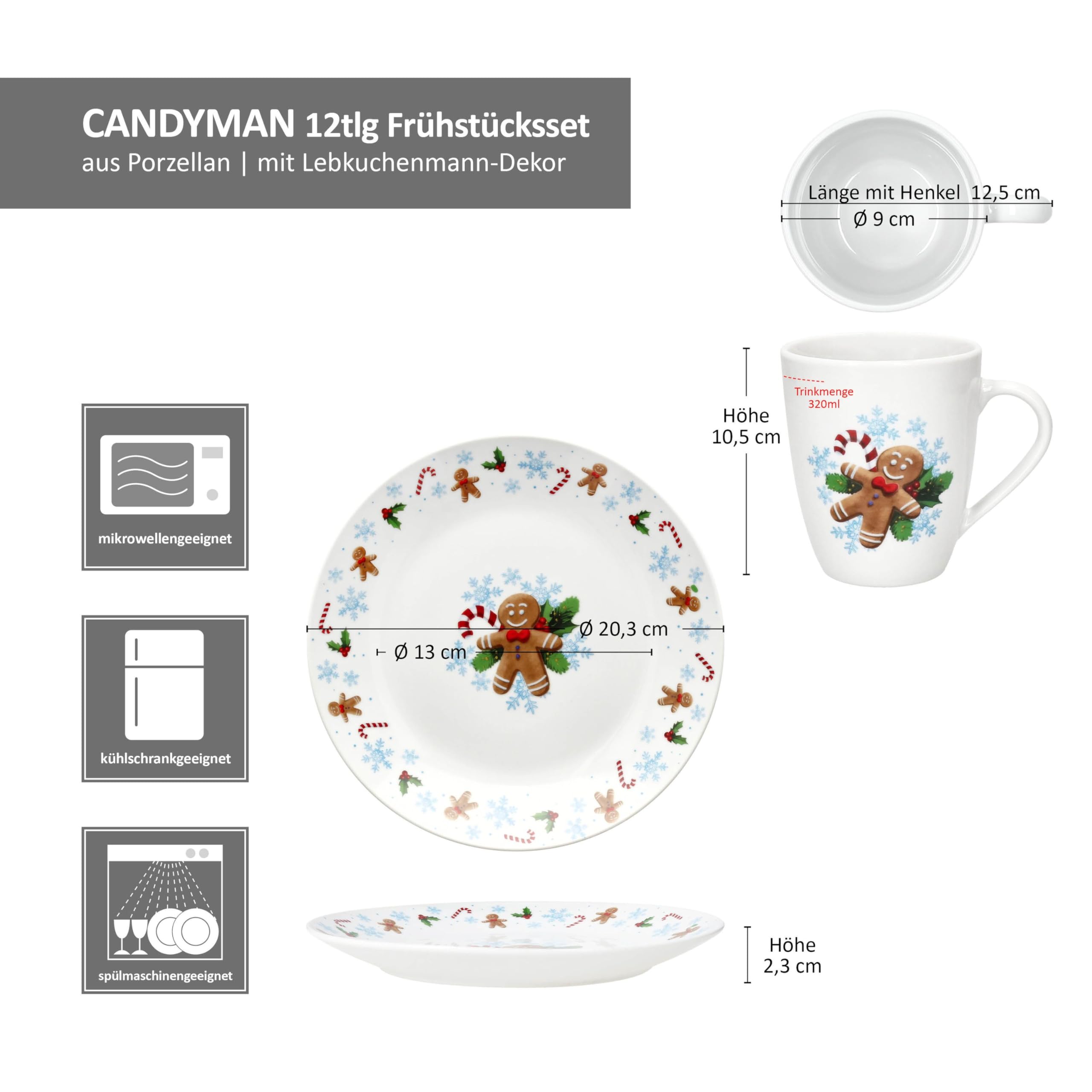 MamboCat Candyman 12tlg Frühstücksset I Je 6x kleine Frühstücksteller & Becher 320ml für 6 Personen mit eisblauem Weihnachtsdekor für Weihnachten, Advent & Nikolaus