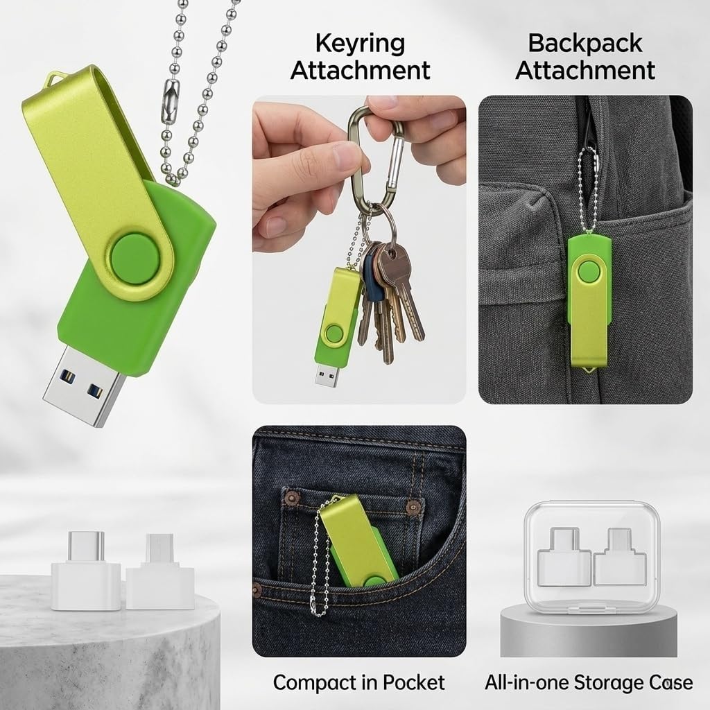 Mini Capacity USB Flash Drive Memory Sticks Thumb Drives with 1 OTG (Micro USB) and 1 Type-C (USB-C) Adaptor for Mobile Phone (Green 128MB) image 4