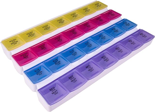 Apex 7-Day Organisateur de pilules Mediplanner, Organisateur hebdomadaire, 4 Les temps un jour de couleur codée, facile à ouvrir, le voir-par les lids, organiser des médicaments ou des vitamines par AM, PM, Soirée et coucher