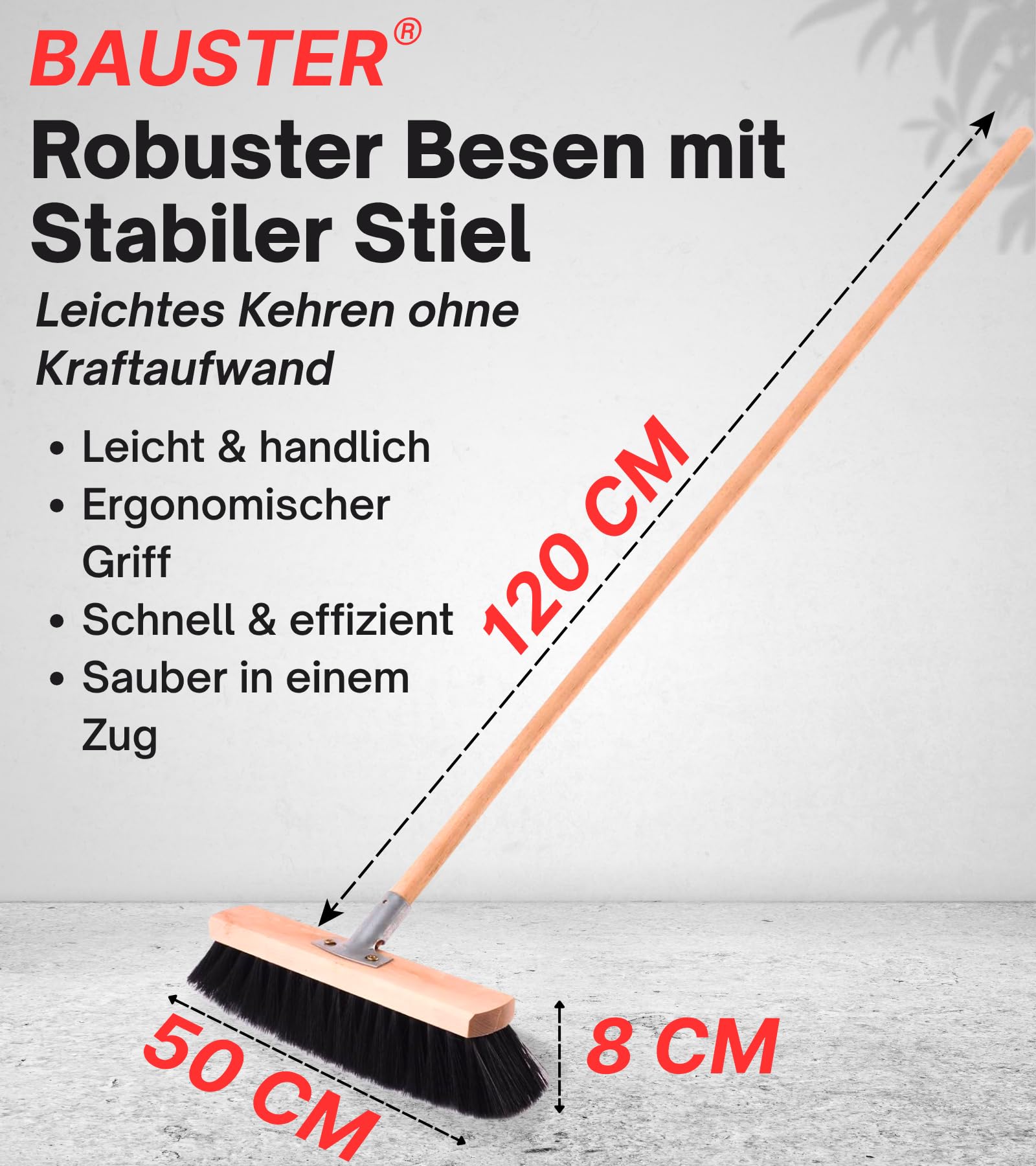 Robuster Besen mit 120 cm Stiel | Nylonborsten | Straßenbesen & Zimmerbesen | Industrie-, Hallen- & Gartenbesen | Verschiedene Breiten 300–1000 mm (Besen 500 mm + Stiel 120 cm)