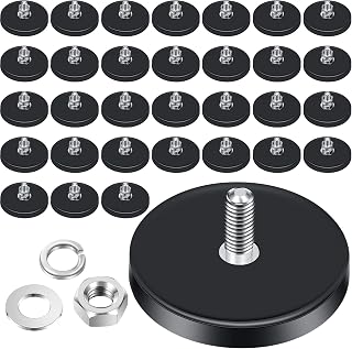 Neodymium Magnet Rubber Coated Mounting Magnets Small Scratch Safe Stud Magnet Painted Surface Waterproof Magnets Threaded Magnet with Bolts Nuts for Lighting Camera (32 Packs, Black, 1.69 Inch)