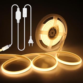 ALITOVE COB LED Strip 230 V Direct Connection 3 M Warm White 3000 K LED Light Strip Outdoor 220 V Plug with Switch for Bedroom Garden Patio Pool DIY Lighting and Home Decoration [Energy Class D]