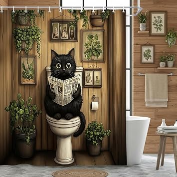 DYNH Funny Cat Shower Curtain,Green Plants Potted Cute Animal Read Newspaper Bathtub Curtain,Cartoon Rustic Boho Farmhouse Spring Bathroom Decor with Hooks,69X70 in