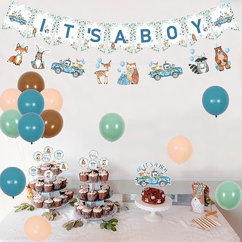 Miniatura 6 de Cheereveal Decoraciones de baby shower para niños, pancarta con texto en inglés "It's a Boy", decoración de pastel, globos de aluminio de animales