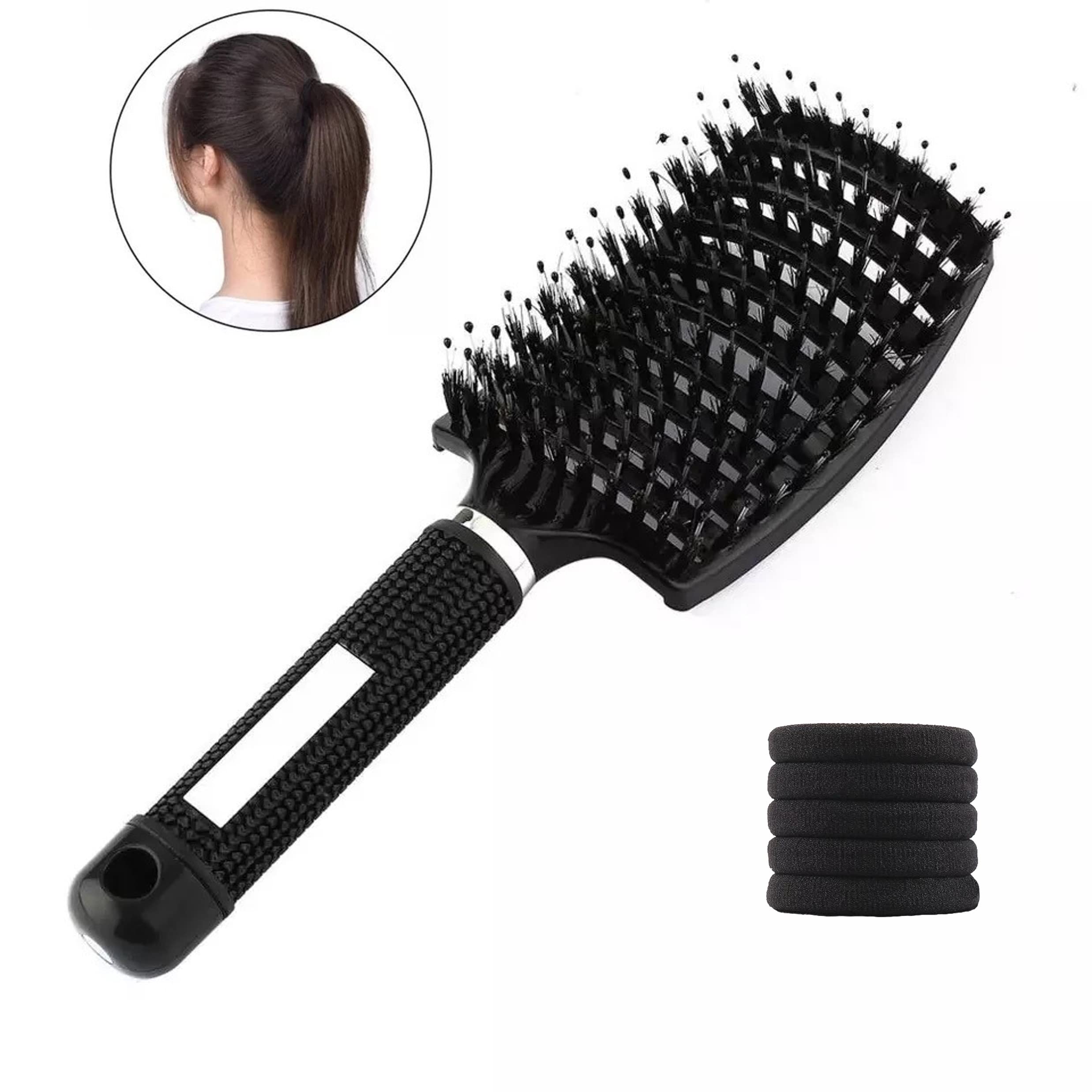 Cepillo Pelo + 5 Coleteros – Antitirones – Efecto Masaje – Peine Desenredante – Cepillo Cerdas Jabali – Todo Tipo de Cabello (Negro)