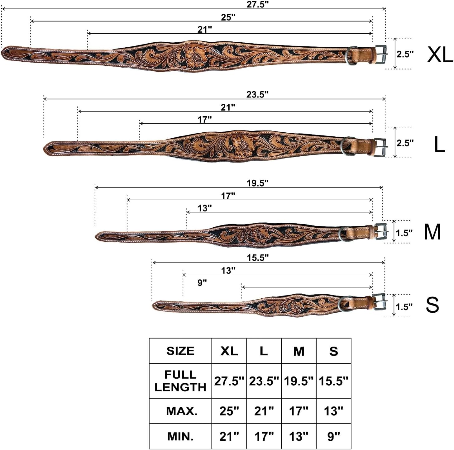 Majestic Ally Hand Tooled Leather Dog Collar, Floral Design, Colored Inlay, Antique Natural Finish (Black, Extra Large)