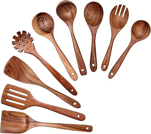 Miniatura 9 de Juego de herramientas de cocina antiadherentes de madera de 7 piezas espátula de cocina de teca 100 natural utensilios de cocina de madera cucharas