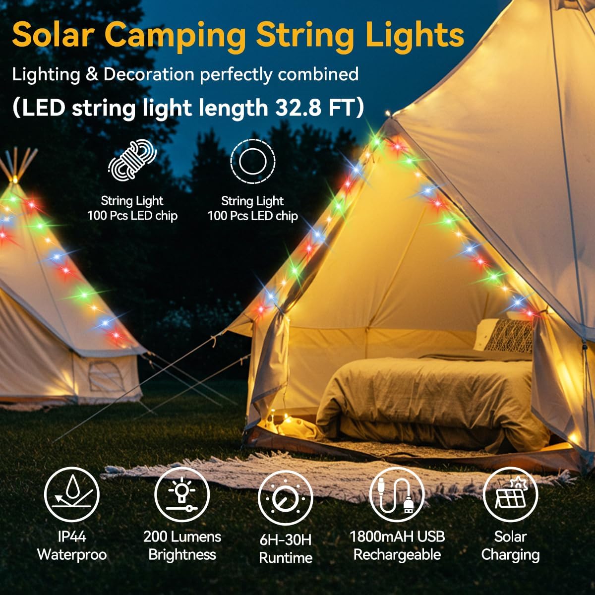 40FT Solar Camping String Lights, Rechargeable String Lights with 8 Modes, Waterproof Outdoor Lights with Delay Closure, Retractable Design & Hooks for Outdoor Patio Awning Garden Party Essentials - Image 2