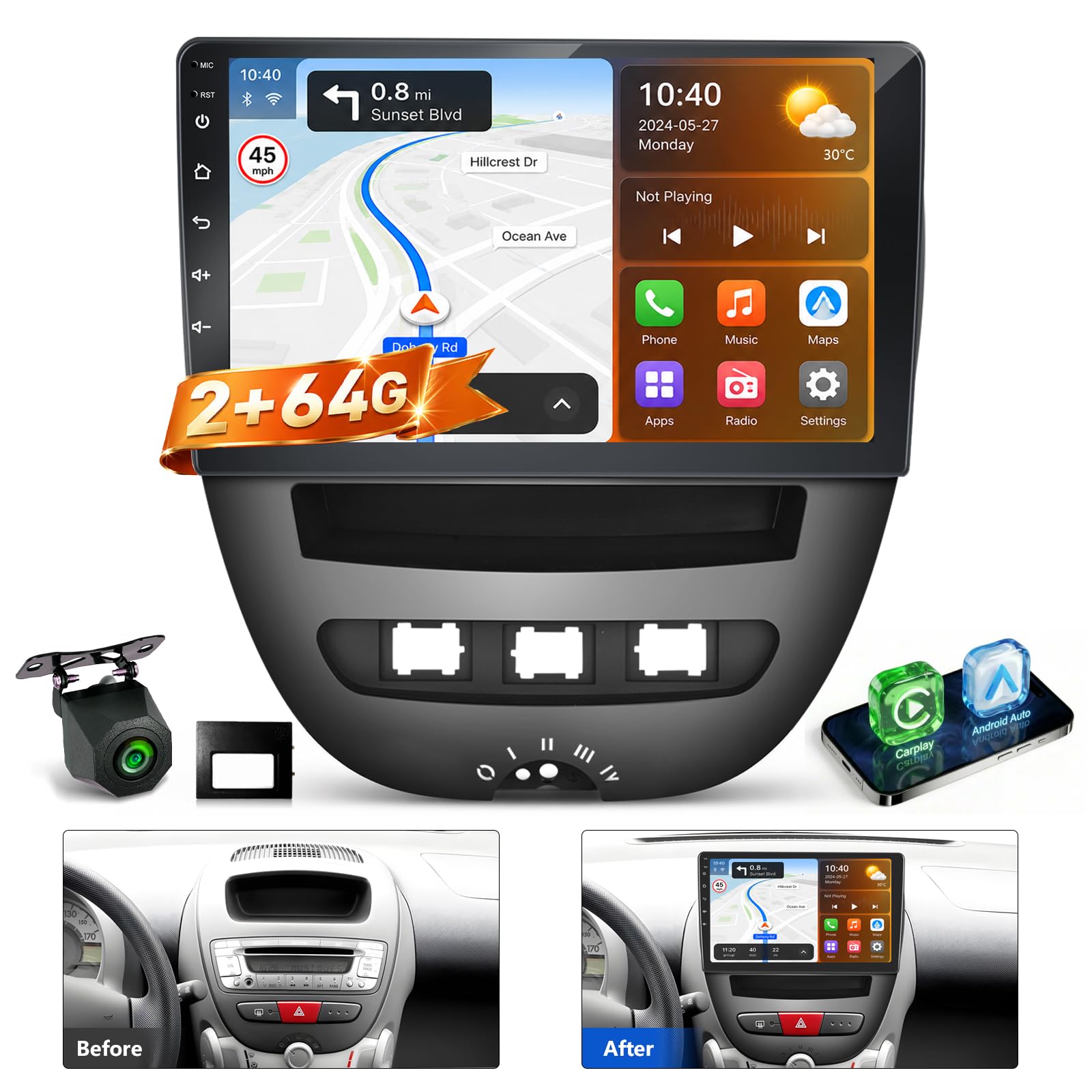 Android Stereo Auto per Toyota Aygo/Peugeot 107/Citroen C1 2005-2014, 2GB+64GB Autoradio 10,1 Pollici con Mascherina e Canbus, Supporta CarPlay Android Auto Wireless, Telecamera Retromarcia, SWC