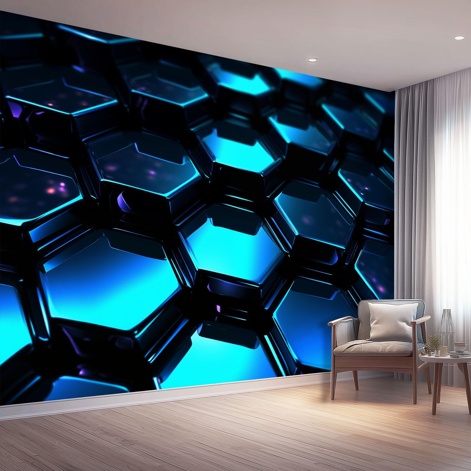 Photo Wallpaper Gamer Geometric 400x280 cm (WxH), Non-Woven Wall Mural 3D Sci Fi Geometric Print Art Fleece Poster Wall Mural, Blue 3D Wallpaper Decoration for Living Room Bedroom Kids Room