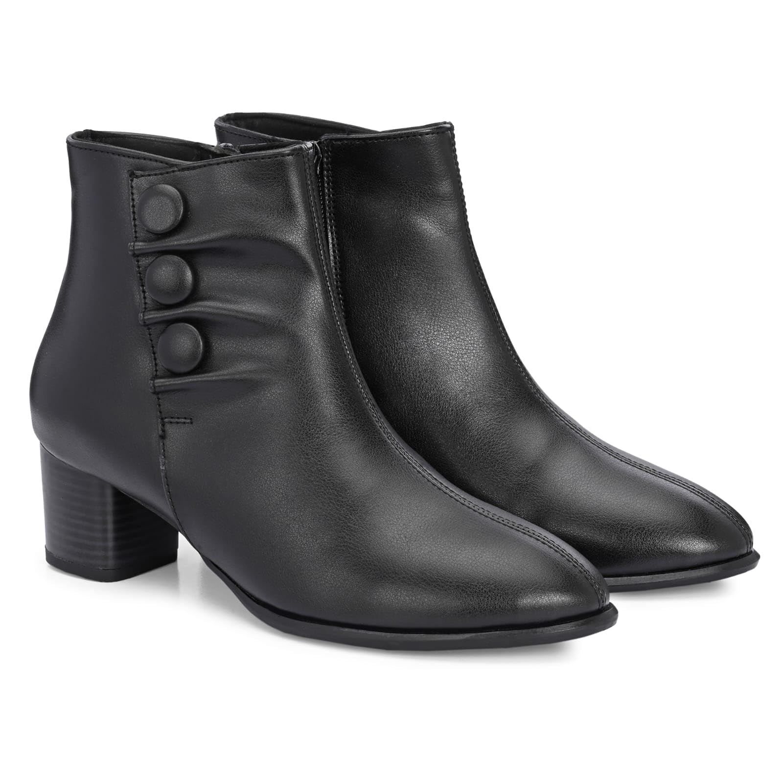 Women's Black Ankle Boots Block Heel Side Button Slip-On Booties-image-0