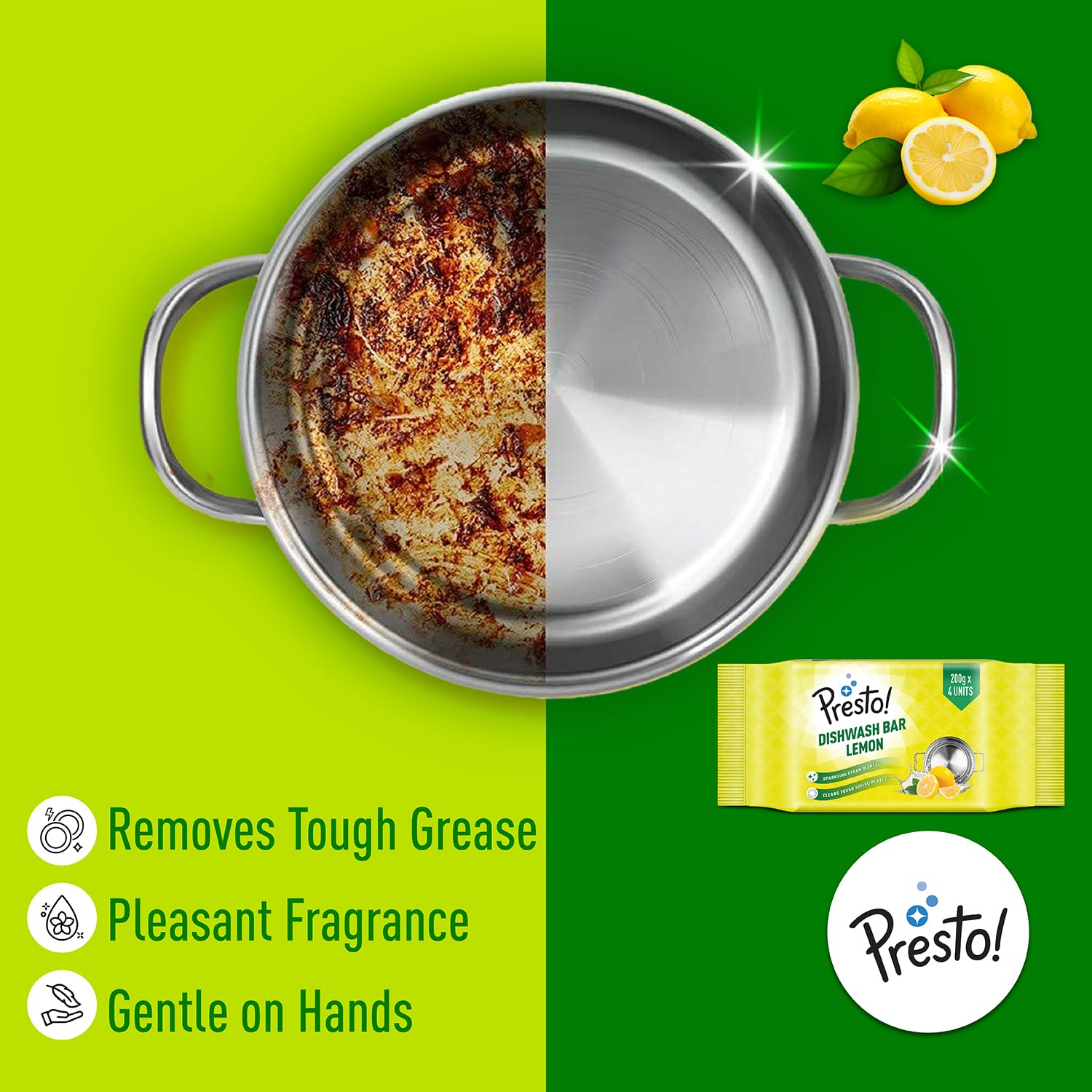 Amazon Brand - Presto! Dishwash Bar | 200g (pack of 12) | Removes Tough Grease | Odour-Free Freshness | Gentle on Hands 3