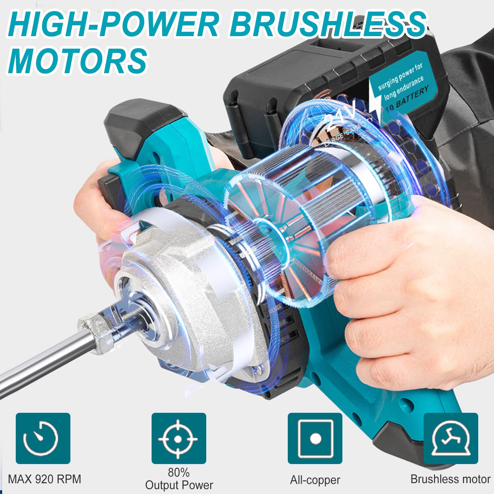 Betoniera da 3200 W, miscelatore manuale per malta per vernice, con 2 batterie da 3,0 Ah e 6 velocità regolabili, coppia 65 Nm, filettatura M14, miscelatore industriale per malta cementizia