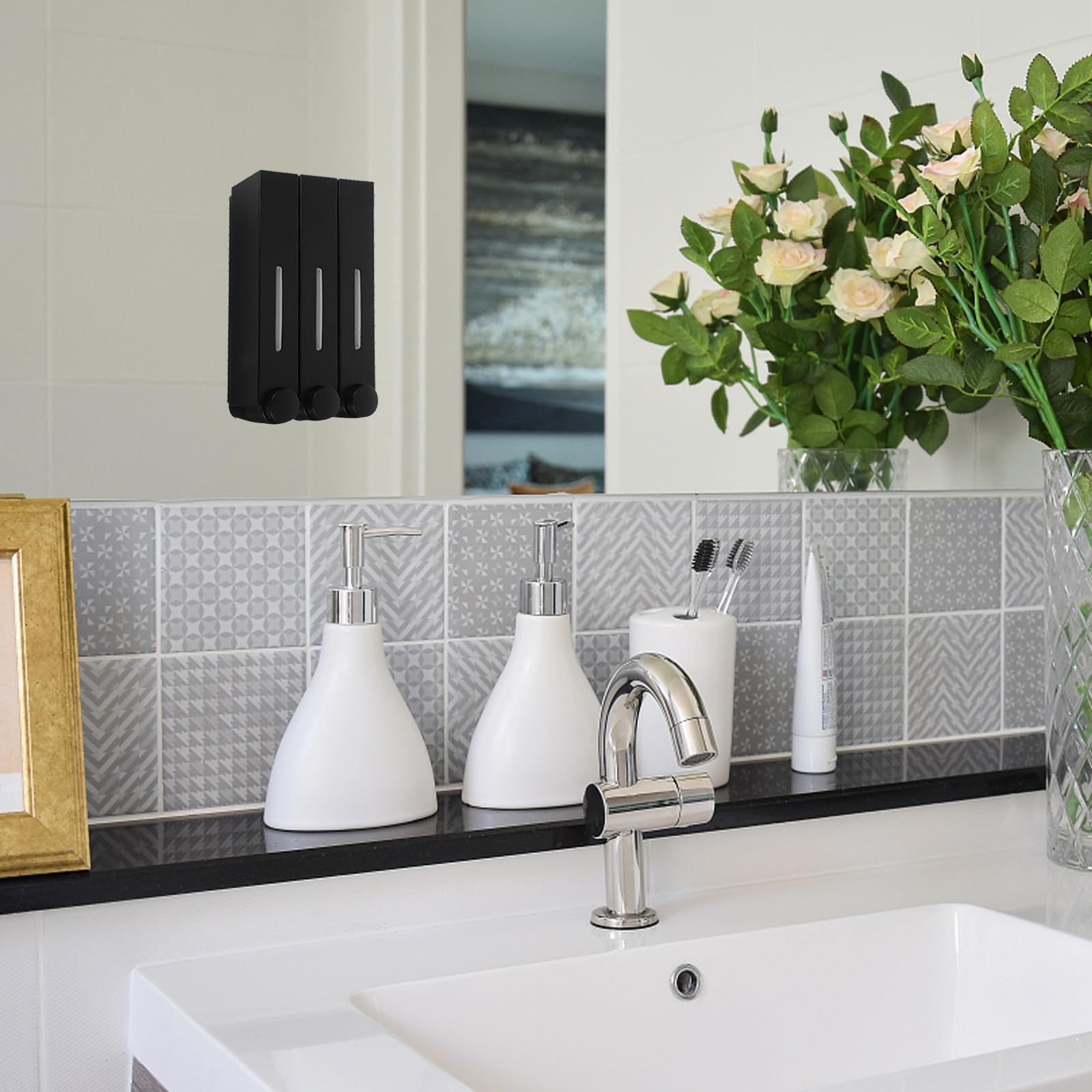 Dispensador de Jabón de Pared Abs y PVC Dispensador de Gel de Ducha de 3 Cámaras, Manual, Negro Triple Cabezal, para Baño y Suministros de Baño