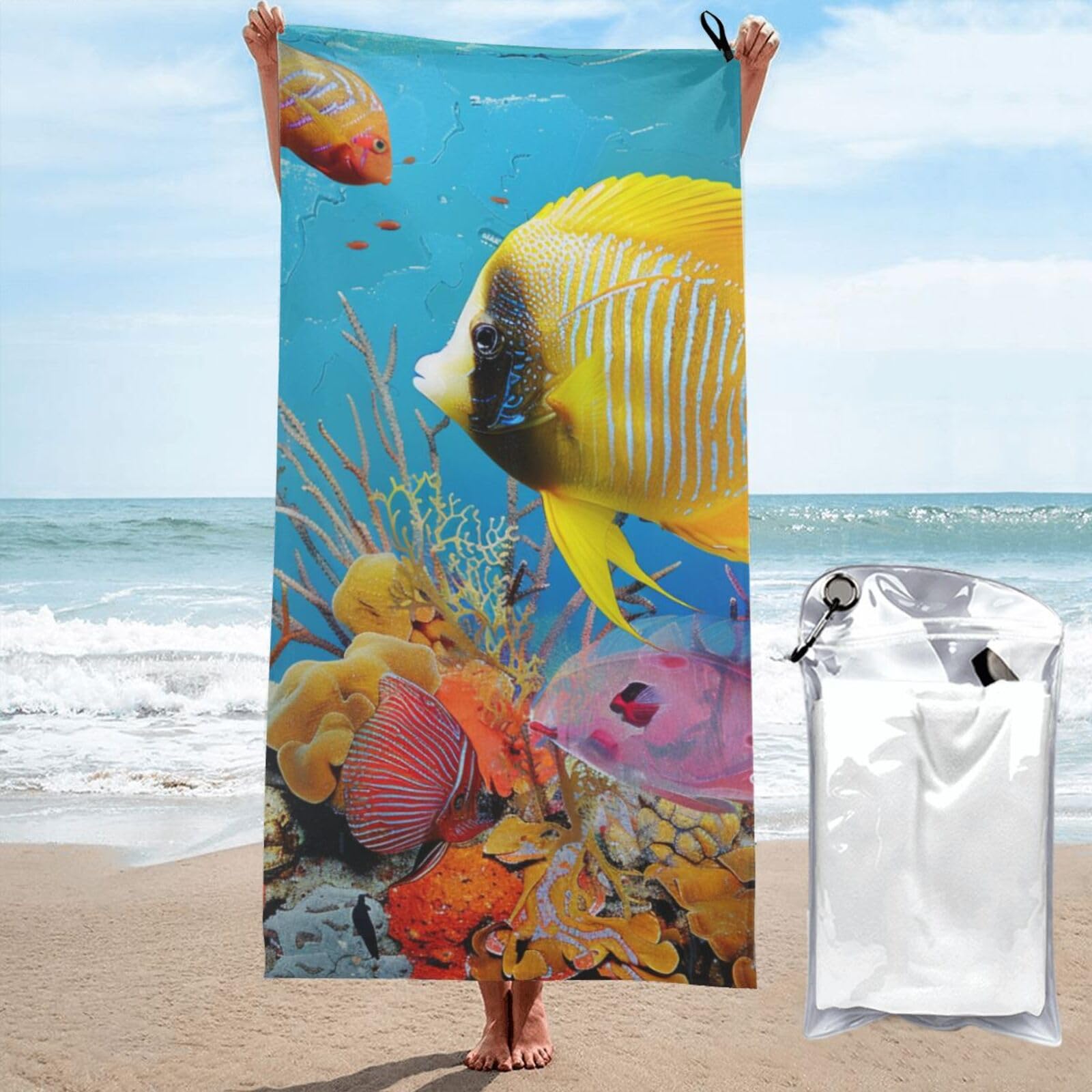 kkvhhyuo Microfiber Beach Towel, Tropical Fish Printed Lightweight Quick Dry Travel Bath Sheet with Compact Carry Bag for Swimming Yoga Camping Gym,31.5"x63"