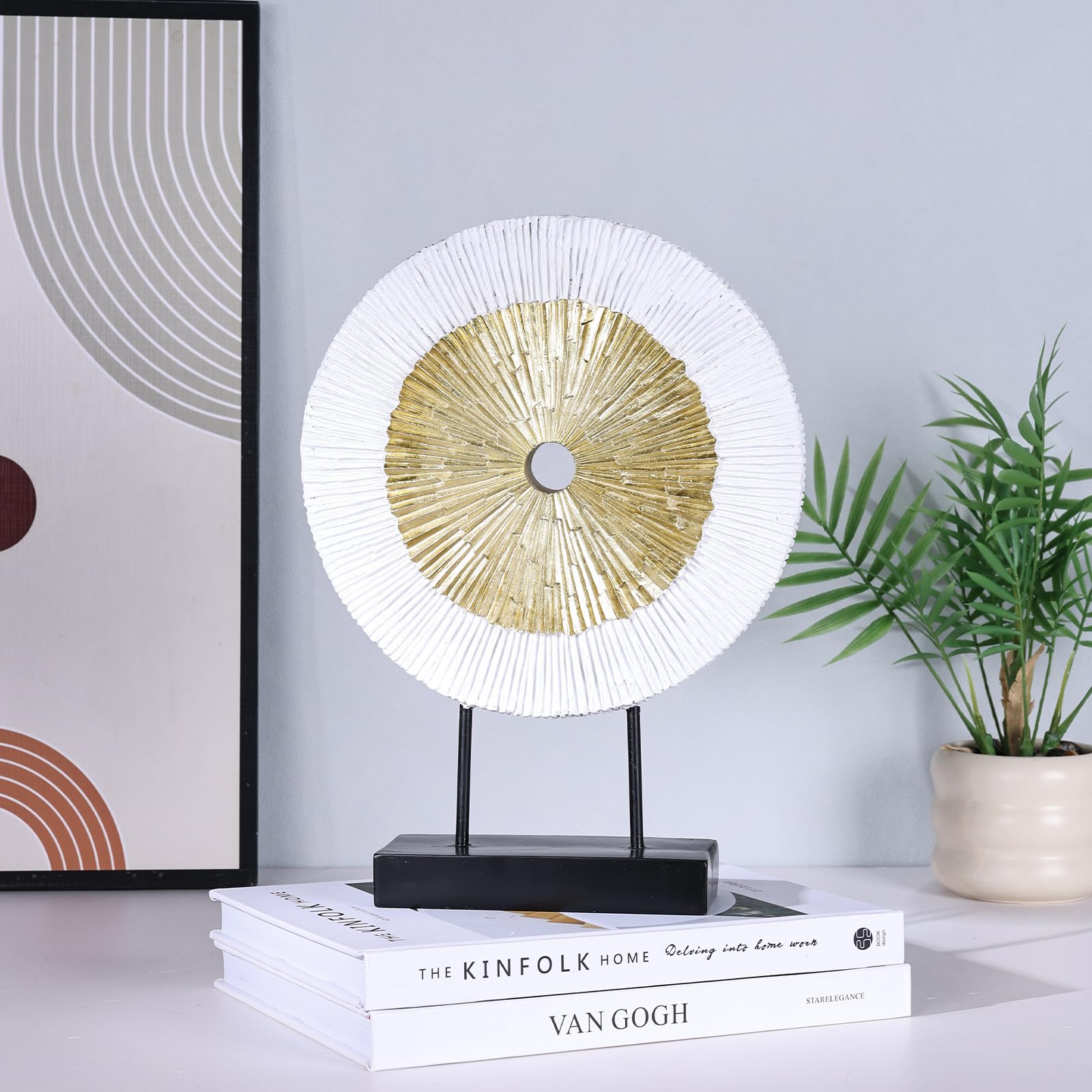 Scultura rotonda astratta in oro bianco, alta 30,5 cm, decorazione unica per la casa sopra l'armadio, tavolino da caffè, console, ufficio, ingresso, centrotavola (oro bianco)