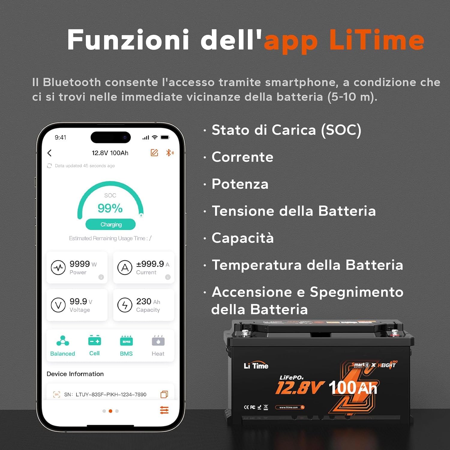 LiTime Batteria Litio 12V 100Ah H190, Intelligente e Bluetooth Batterie Lifepo4 con 100A BMS, Protezione dalle Basse Temperature, 4000+ Cicli, 20,48kWh, Dimensioni DIN H8 L5