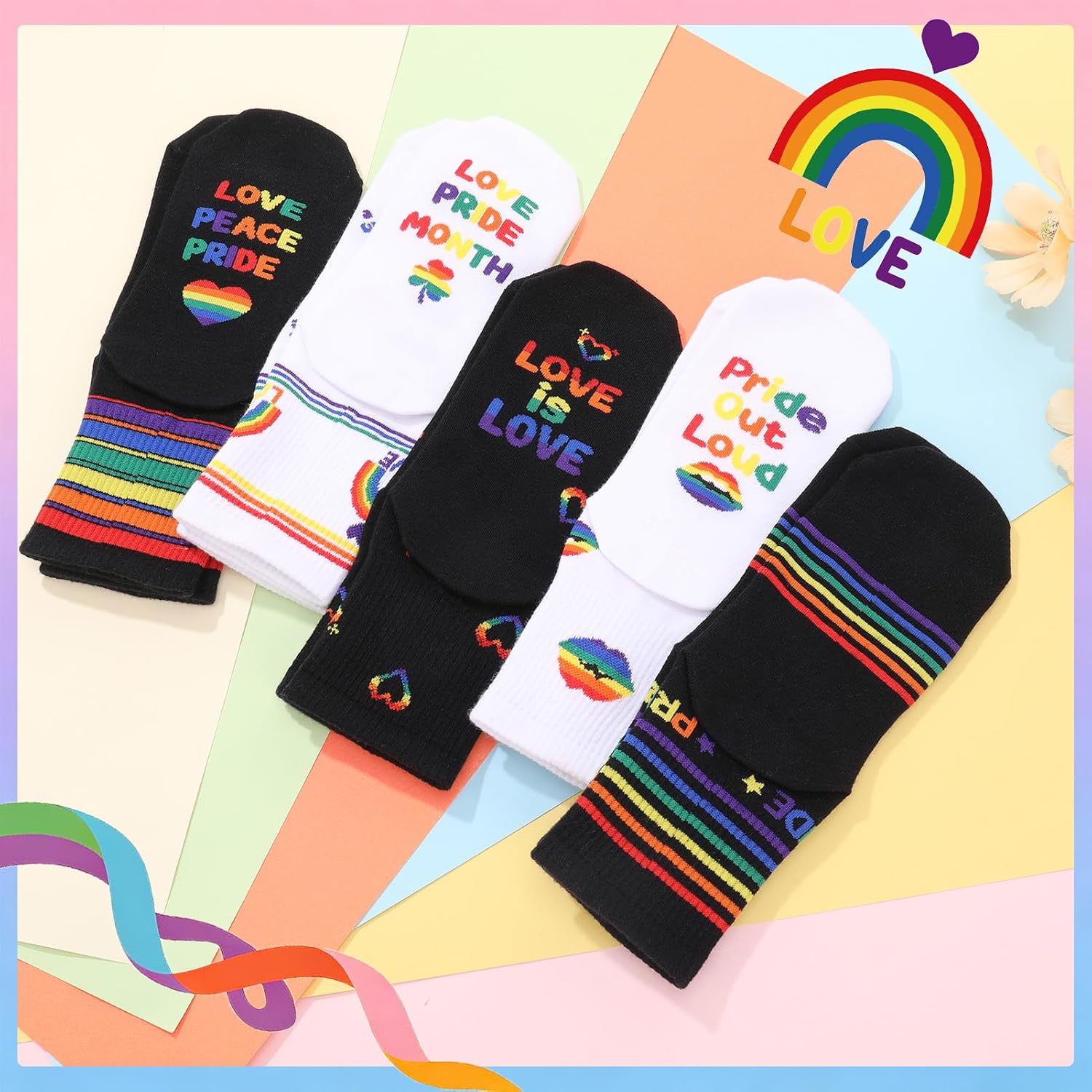 5 Pairs Rainbow Striped Socks Gay Pride Cotton Novelty Sock LGBT Funny Pride Casual Sock Colorful Striped Socks Dress for Men Women