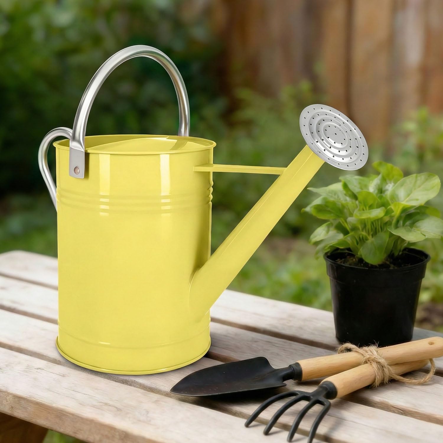 Metal Watering Can for Outdoor Plants, 1.7 Gallon Yellow Garden Watering Can for Flower, Houseplants, Galvanized Finish