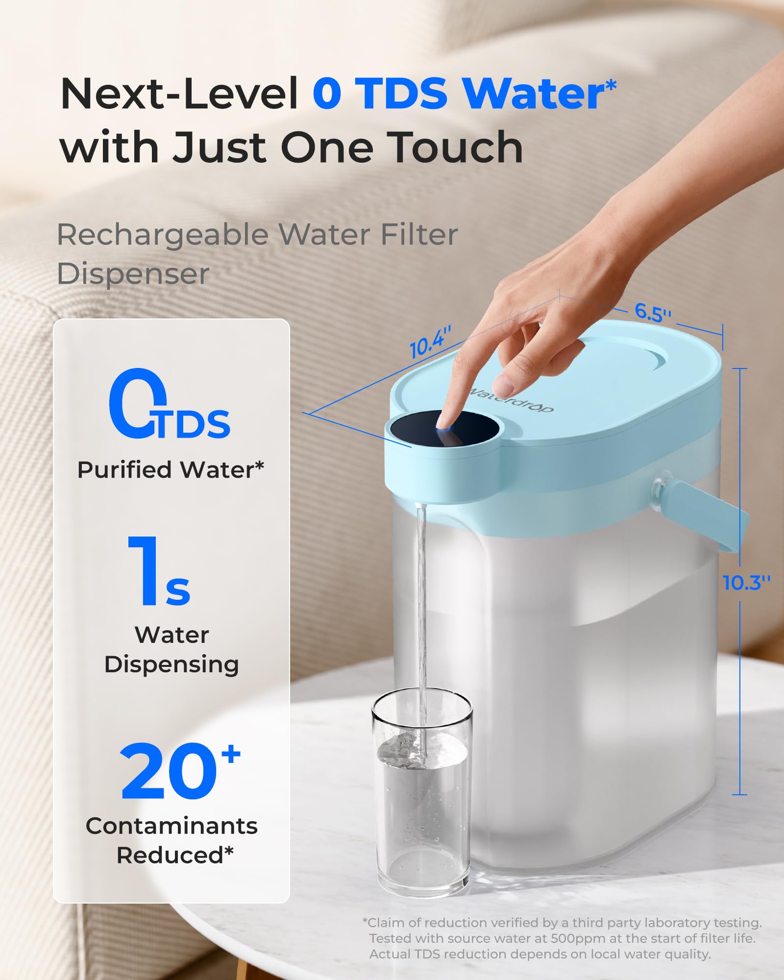 Waterdrop 0 TDS Zero TDS dozownik filtra wody, z możliwością ponownego ładowania, 5-stopniowy, wydajny dzbanek elektryczny, redukuje chlor, ołów, niebieski