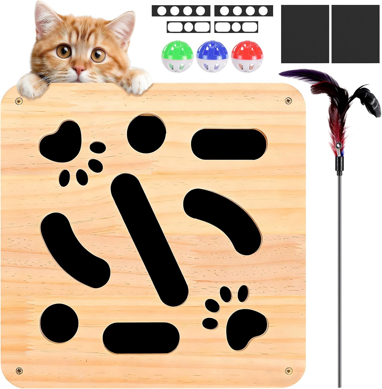 2026 Cat Scratch Puzzle Enrichment Box, Cat Nail File Enrichment Box, Includes Replacement Sandpaper, 3 Bell Balls & 1 Teaser Wand,Wooden Puzzle Treat Toy Box Stimulate Cat Instincts for Bored Cats