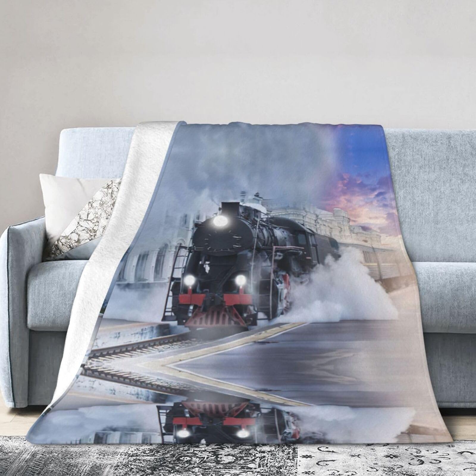 Uusnwaa Soft Cosy Fleece Warm Throw Steam Train Depart Sunset Print Blanket