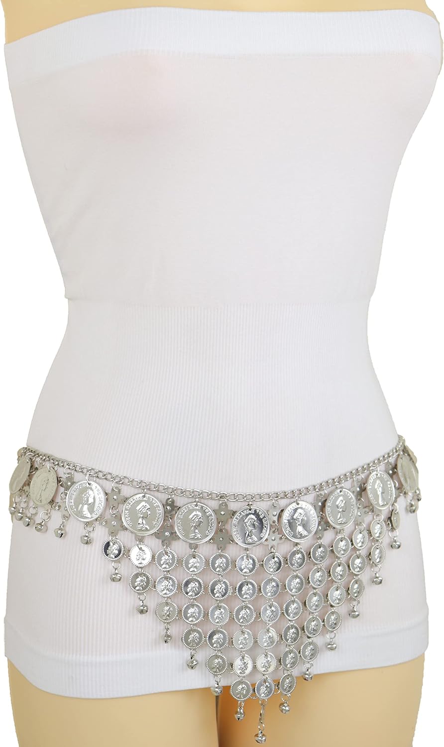 Women Silver Metal Fashion Belt - Ethnic Coin Greek Charms Belly Dance Hip Waist S M L