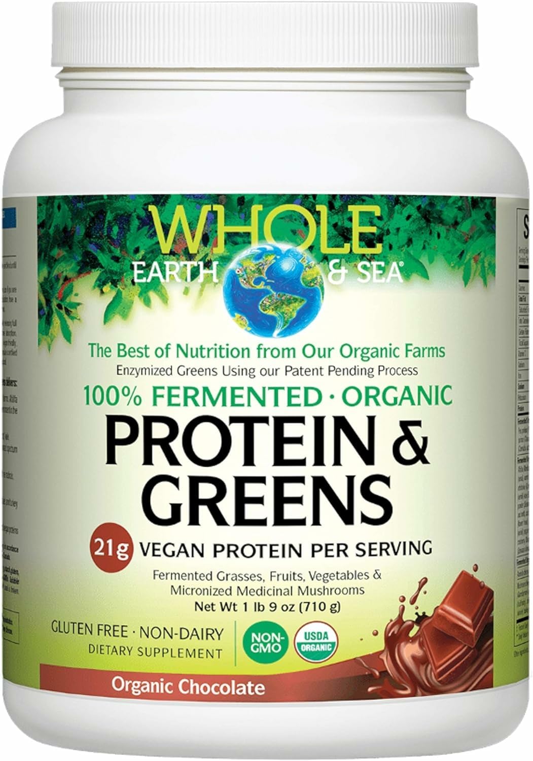 Natural Factors Whole Earth & Sea , Organic Fermented Protein & Greens, Whole Food Supplement, Vegan, Non-Dairy, Chocolate, 1 lb 9 oz (20 Servings)